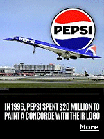 Pepsi paid millions to paint a Concorde in its iconic blue livery. But the passengers who paid first class fares to fly the iconic jet got a much slower and shortened ride as the blue paint heated the jet so much it was allowed to fly at Mach 2 speed for just 10 minutes.